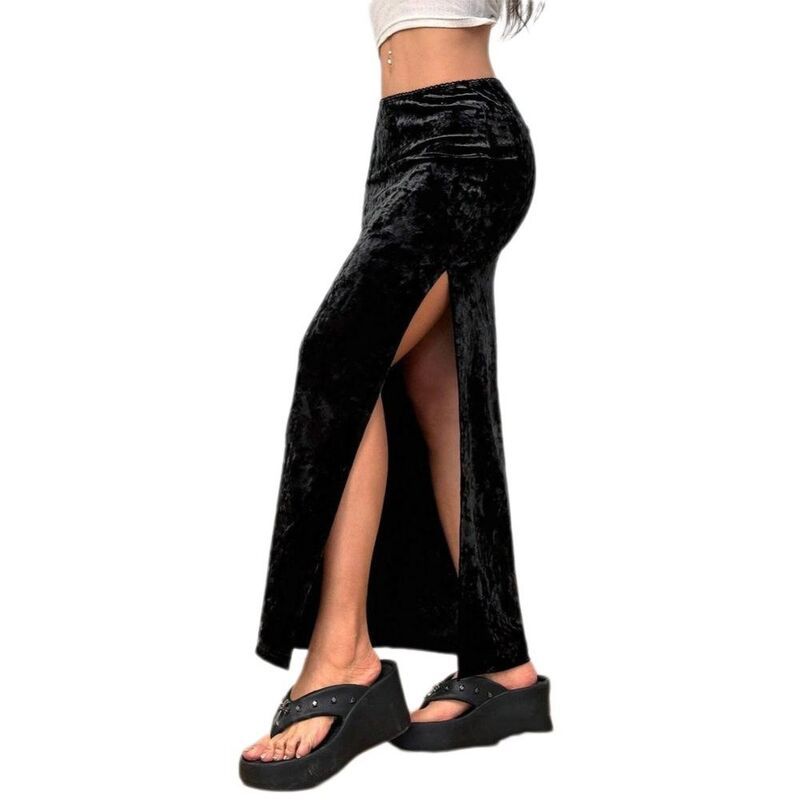 イエスファッション レディース ボトムスカート A ライン ハイウエスト ミディ Yesfashion Womens High Waist Velet Midi Skirt Elastic Waist