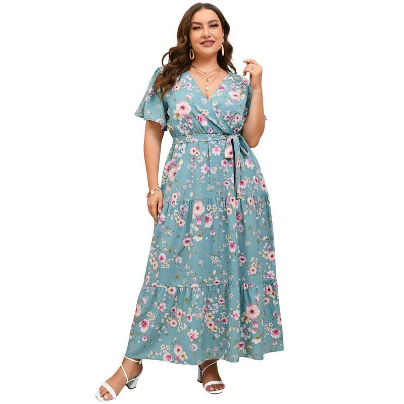 セオリア レディース トップス ワンピース Vネック ハイウエスト プラスサイズ フリル マキシ Seoria Women Plusize V Neck Ruffle Maxi Dressummer