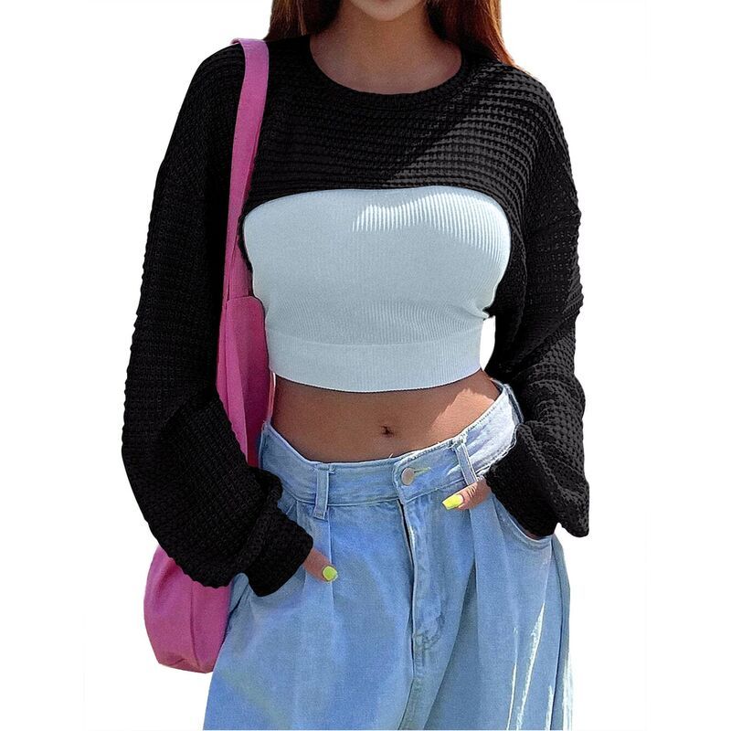 クリアフラワー レディース アウター ニット・セーター シャツ ClearFlower Womens Fall Casual Sweater Knit Crop Shrug Top Long Slee