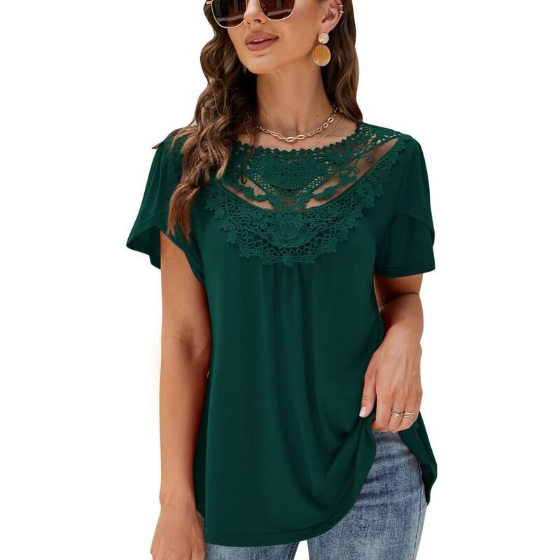 ボディサイズ レディース トップス Tシャツ プリーツ レース BODDYSIZE Womens Boho Beach Vacation Clothes Tops Lace Neck Pleated