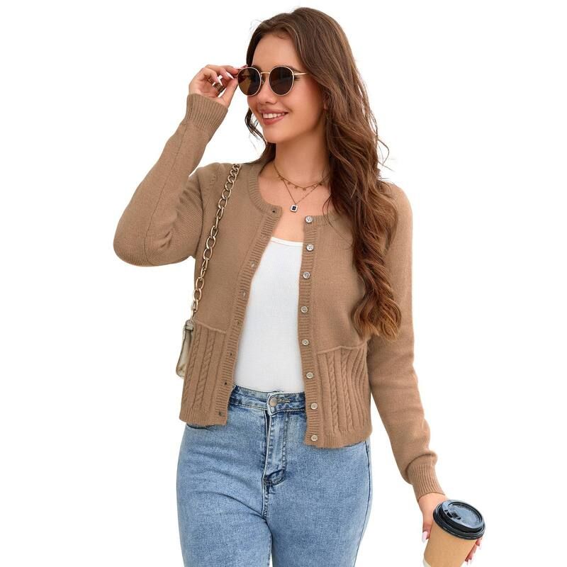 エリートスピリット レディース アウター ニット・セーター クルーネック カーディガン コート クロップド EliteSpirit Women Cropped Cardigan Sweaters Cr