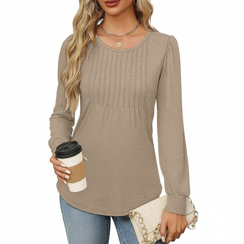 コジョイン レディース トップス Tシャツ プリーツ ブラウス Kojooin Women Long Sleeve Shirts Casual Dressy Pleated Blouses Khaki