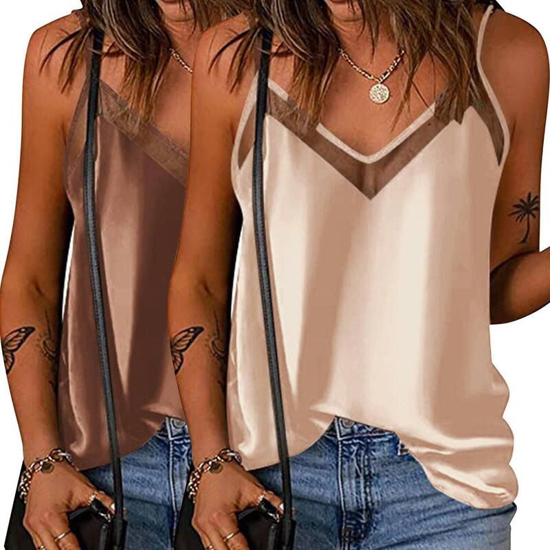 エコアー レディース トップス Tシャツ Vネック メッシュ サテン シルク ノースリーブラウス Ekouaer Womens 2 Pack Silk Tank Top Mesh V Neck Sat