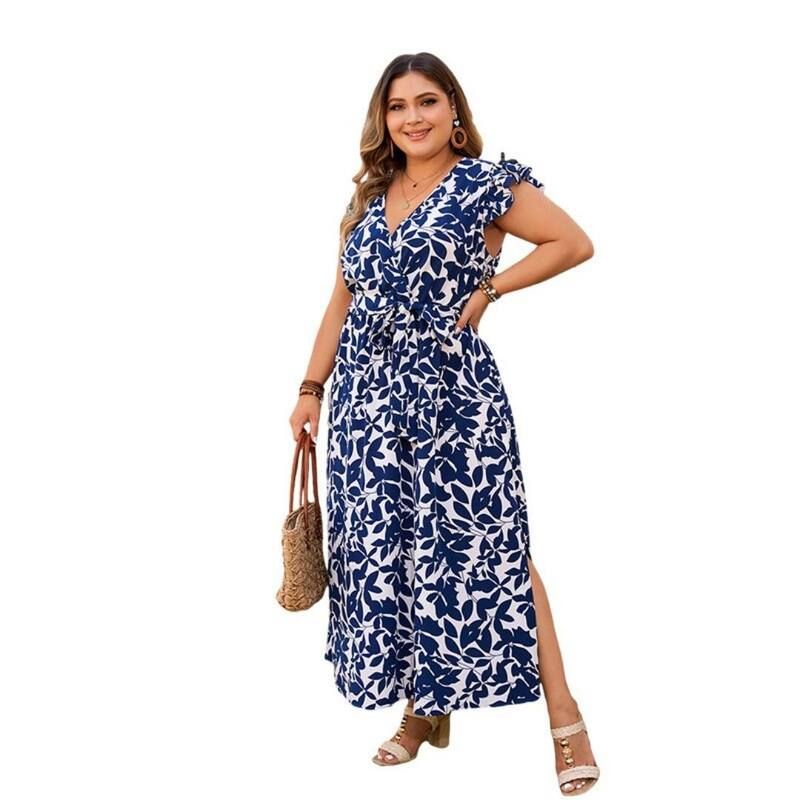 イエスファッション レディース トップス ワンピース Vネック プラスサイズ プリント フリル ミディ Yesfashion Womens Plusize Printed Summer Casual