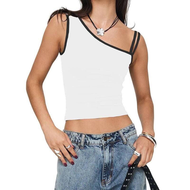 ジョイジョイ レディース トップス Tシャツ ノースリーブ コントラスト JoyJoy Womens One Shoulder Tank Tops Double Lined Sleeveless Co