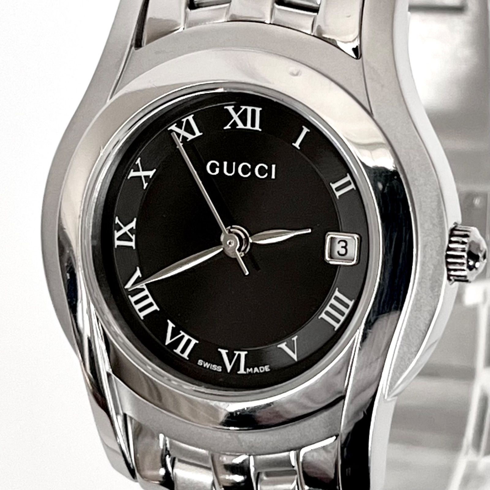【グッチ 5500L レディース 腕時計 磨き済み 美品】GUCCI 電池新品 ブラック文字盤