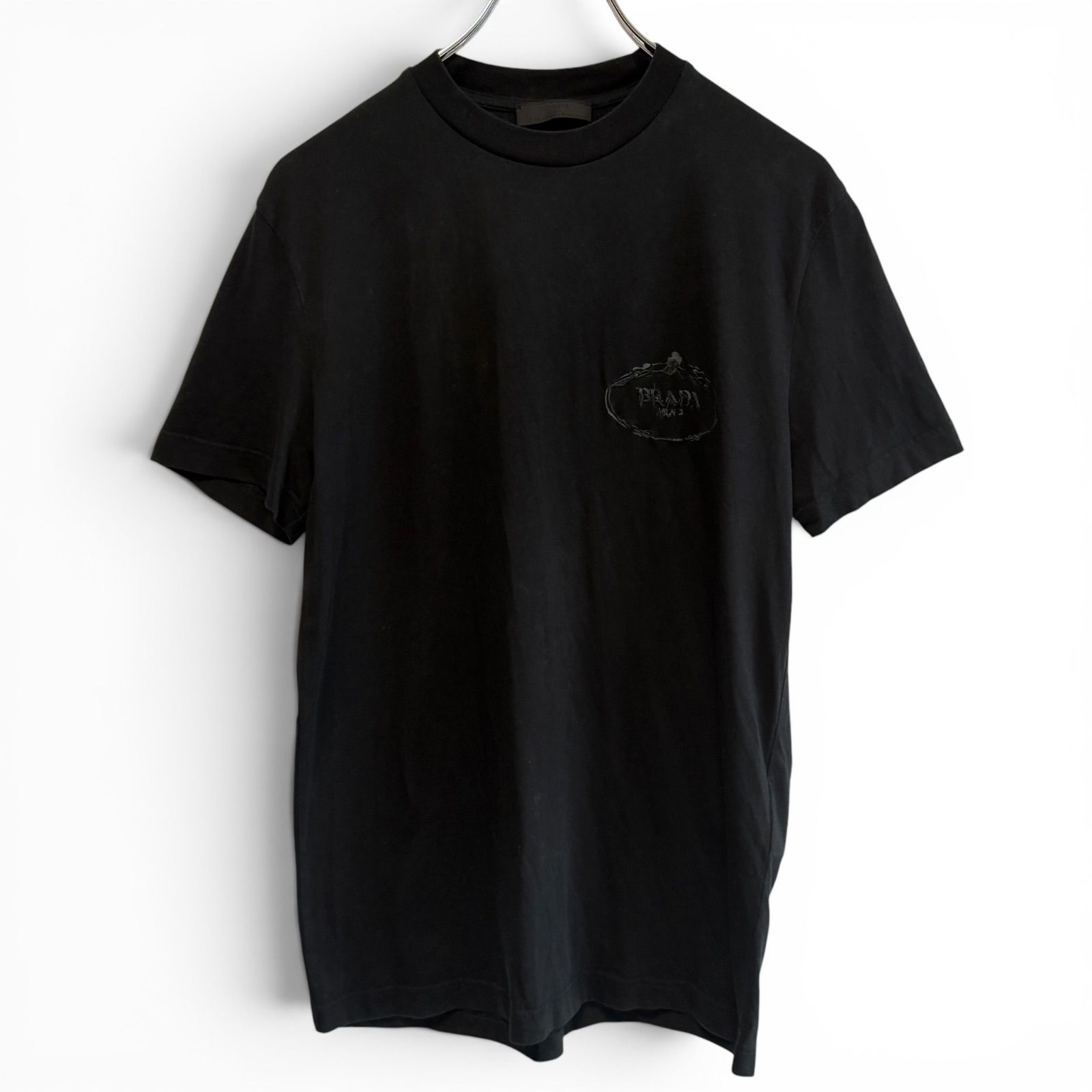 PRADA プラダ Tシャツ 半袖 クルーネック コットン ロゴ刺繍 ブラック