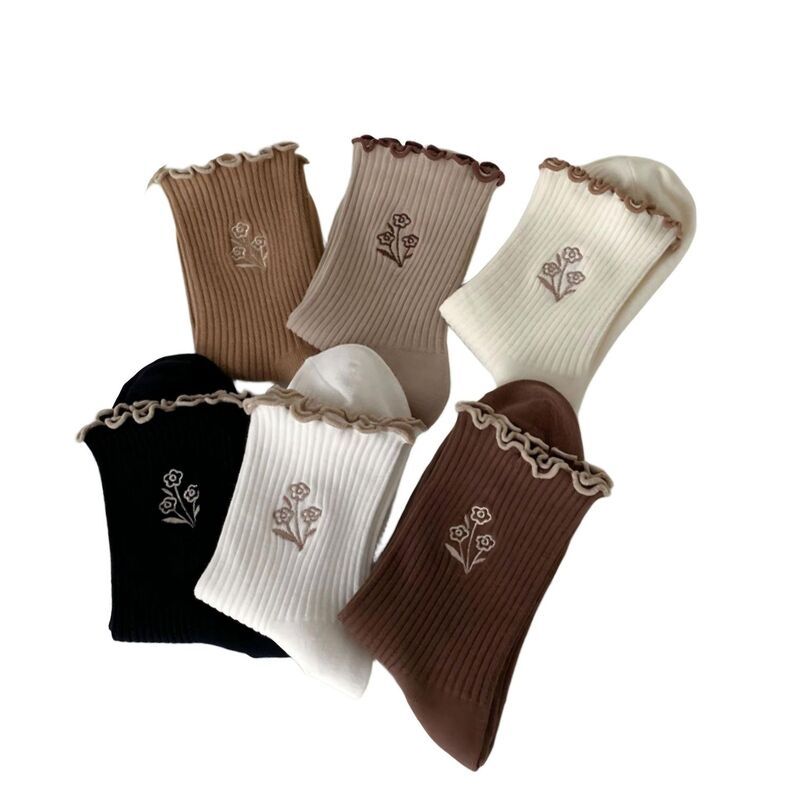 アンナカシ レディース アンダーウェア 靴下 フラワー柄 フリル リブ フラワー AnnaKaci 6Pairibbed Crew Sockset with Floral Embroidery Ruf