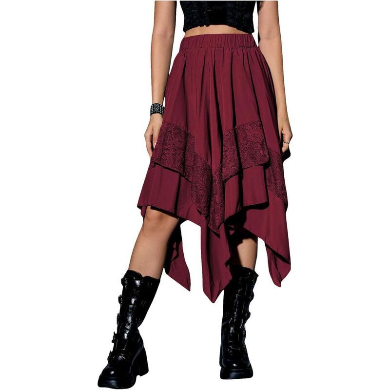 イエスファッション レディース ボトムスカート アシンメトリー ミディ コントラスト レース Yesfashion Womens Y2K Skirts Renaissance Flowy Fairy