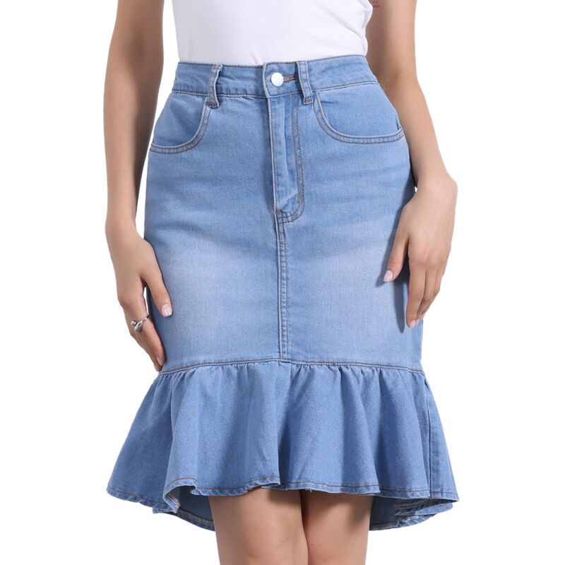 インスパイア シック レディース ボトムスカート ひざ丈 フリル デニム INSPIRE CHIC Denim Skirt for Womens Knee Length Jean Ruffled Bo
