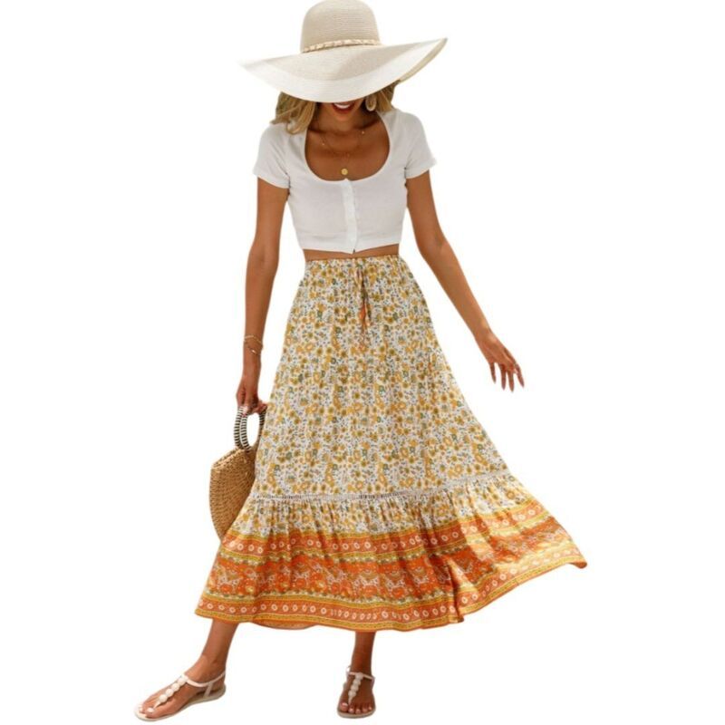 イエスファッション レディース ボトムスカート A ライン ハイウエスト フラワー柄 マキシ フラワー Yesfashion Womens Boho Floral Casual Elastic Hig