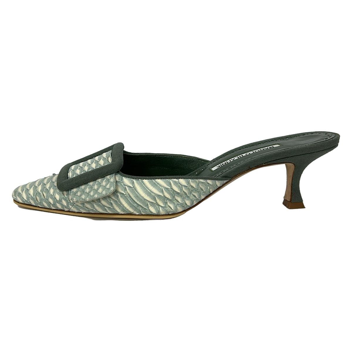MANOLO BLAHNIK(マノロブラニク) ミュール 39 レディース メイセール ライトブルー×アイボリー×カーキ アウトソール張替済