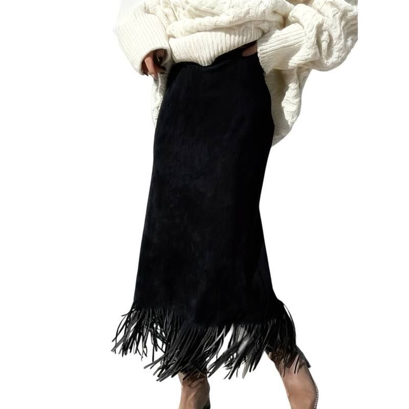 イエスファッション レディース ボトムスカート ミディ スエード フリンジ Yesfashion Womens Fringe Trim Faux Suede Skirt High Waisted Pe