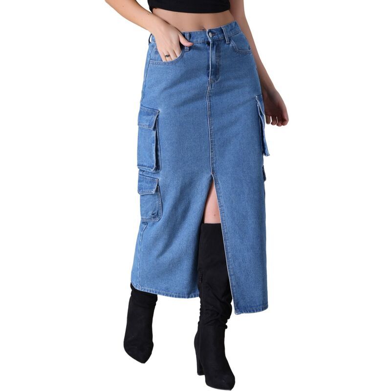 インスパイア シック レディース ボトムスカート デニム INSPIRE CHIC Womens Denim Skirt Front Split Button Front Elastic Waistr