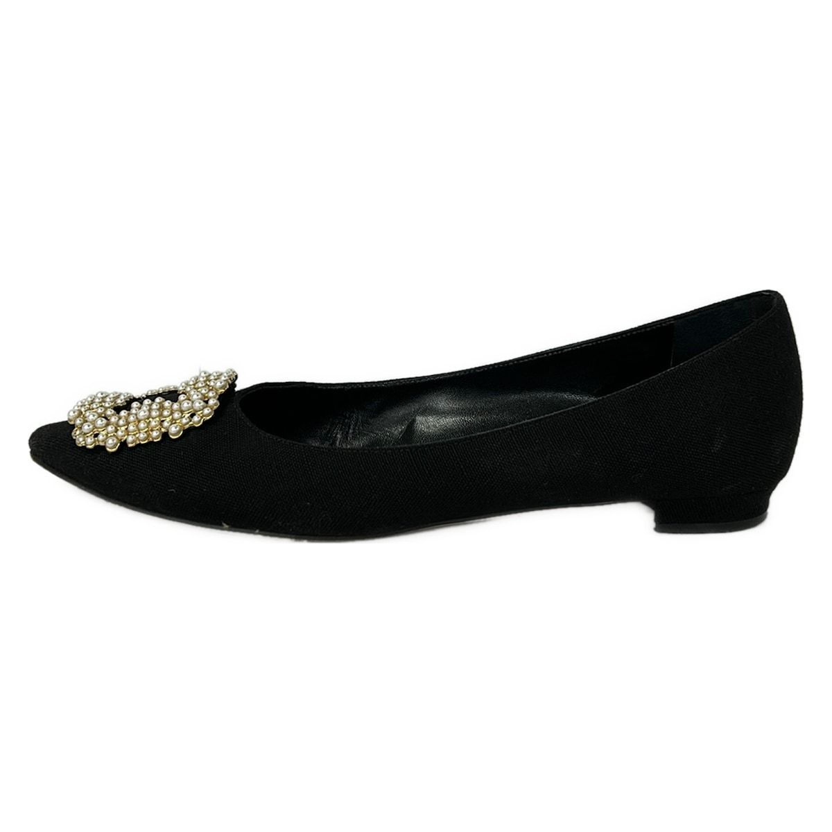 MANOLO BLAHNIK(マノロブラニク) フラットシューズ 38 1/2 レディース ハンギシ 黒 フェイクパール コットン