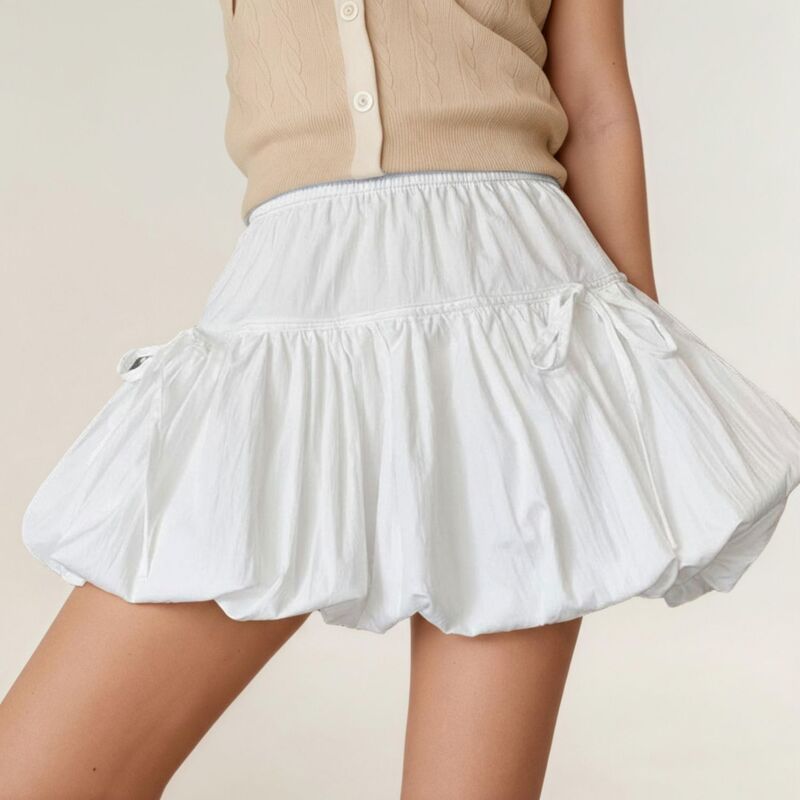 アンナカシ レディース ボトムスカート ミニ AnnaKaci Womens Bubble Hemini Skirt with Elastic Waist and Bow Details White