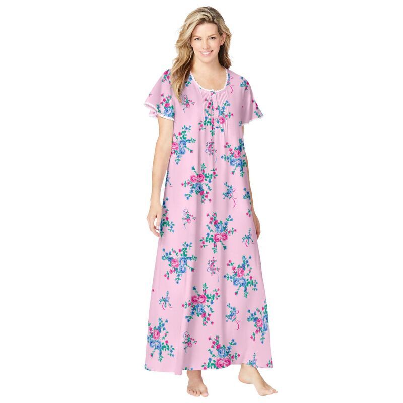オンリーネセシティーズ レディース アンダーウェア ナイトウェア プラスサイズ ニット Only Necessities Plusize Short Pintucknit Gown Pink Flor