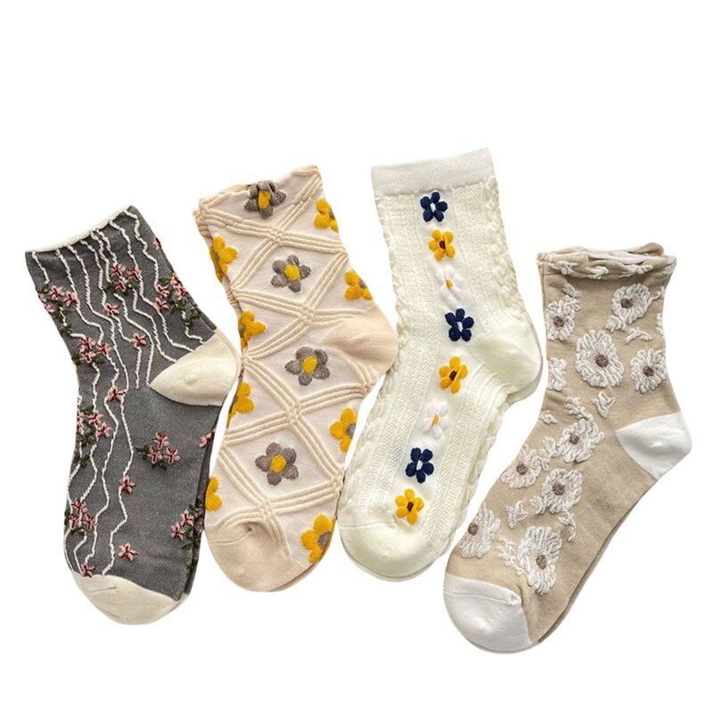 アンナカシ レディース アンダーウェア 靴下 フラワー柄 シアー ニット フラワー AnnaKaci 4Pair Sheer Knit Crew Sockset with Floral Embroid