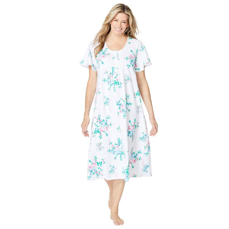 オンリーネセシティーズ レディース アンダーウェア ナイトウェア プラスサイズ ニット Only Necessities Plusize Short Pintucknit Gown White Flo