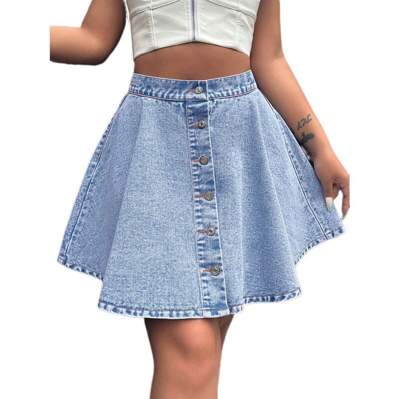 イエスファッション レディース ボトムスカート ボタンダウン プリーツ フリル ミニ ダウン デニム Yesfashion Womens High Waisted Button Down Flared
