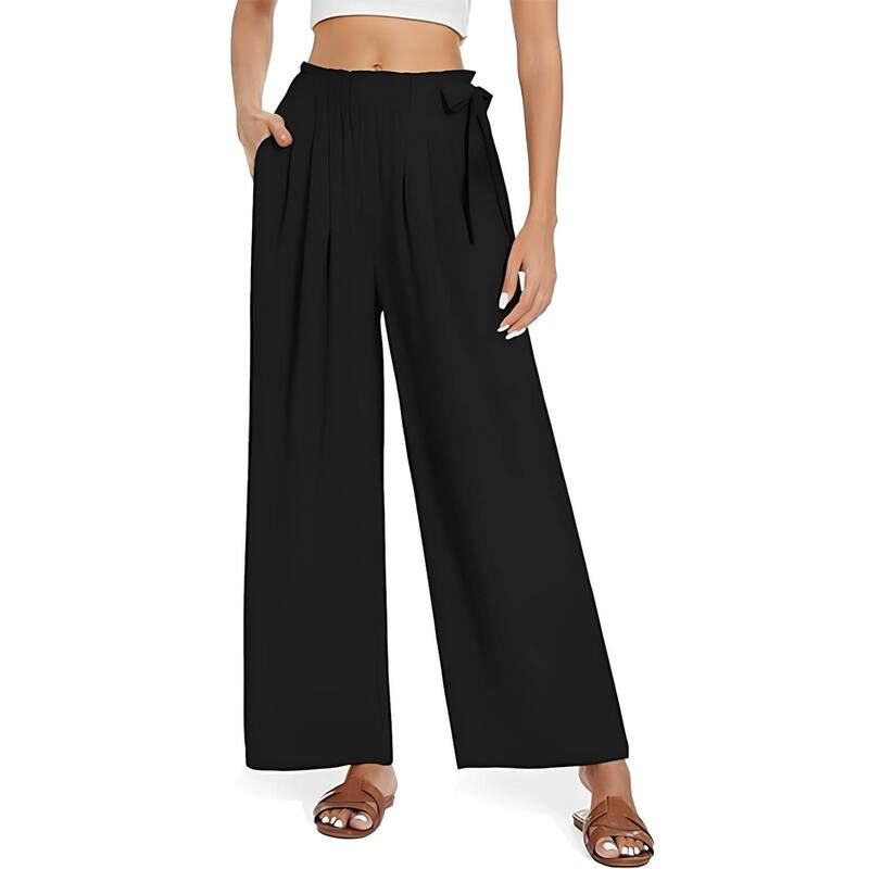 コジョイン レディース ボトムス カジュアルパンツ ワイドレッグ Kojooin Women Wide Leg Pants Casual Knot Flowy Trousers Black ブラック