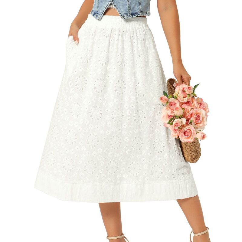 インスパイア シック レディース ボトムスカート A ライン ハイウエスト ミディ コットン レース INSPIRE CHIC Womens Eyelet Boho Casual Skirt Elas