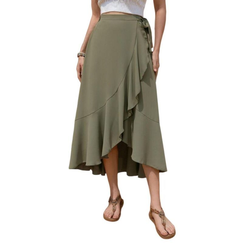 イエスファッション レディース ボトムスカート サイドスリット ハイウエスト フリル ミディ Yesfashion Women High Waist Wrap Ruffled Side Slit Ad