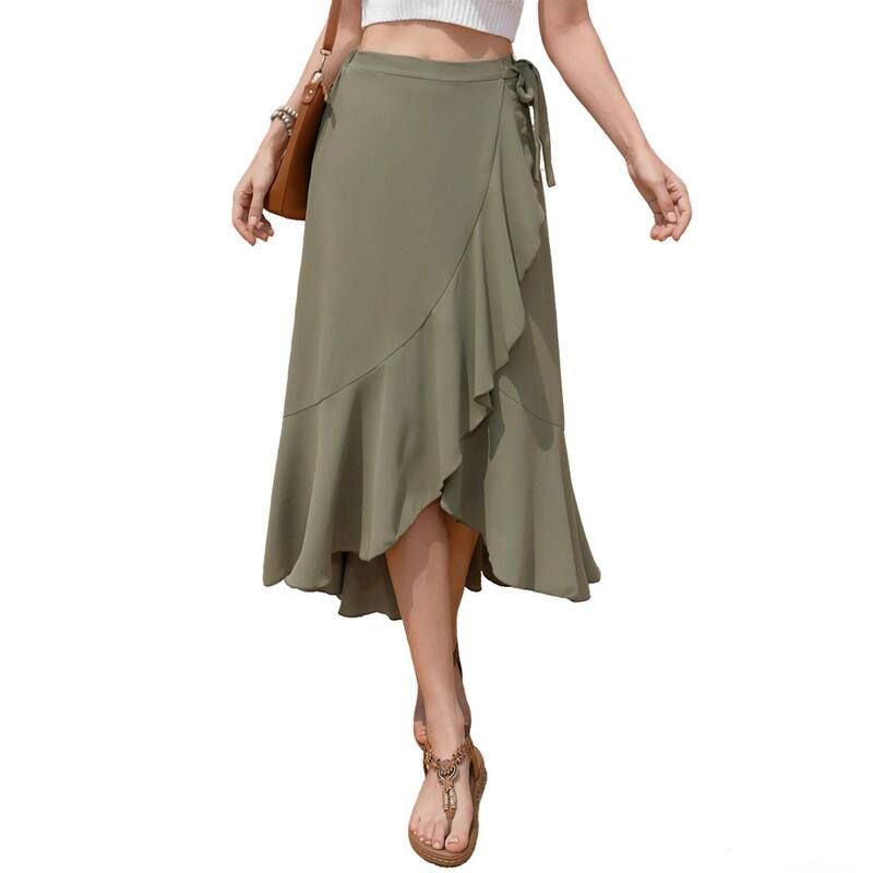 クリアフラワー レディース ボトムスカート タイディテール アシンメトリー フリル ミディ ClearFlower WrapStyle Ruffled Midi Skirt with Elastic