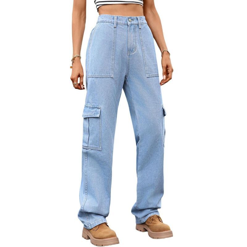 セオリア レディース ボトムス デニムパンツ ストレート カーゴパンツ Seoria Womens Cargo Pants High Waisted Straight Leg Trousers wit