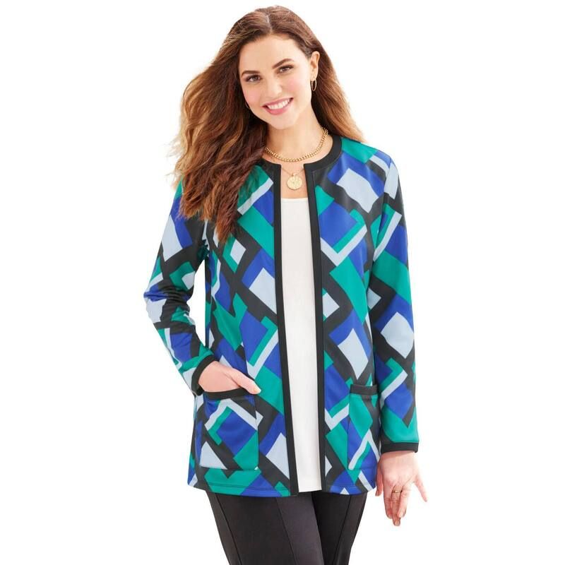 キャサリンズ レディース アウター ジャケット・ブルゾン プラスサイズ ブレザー Catherines Womens Plusize Ponte Jewel Neck Blazer Green Blu
