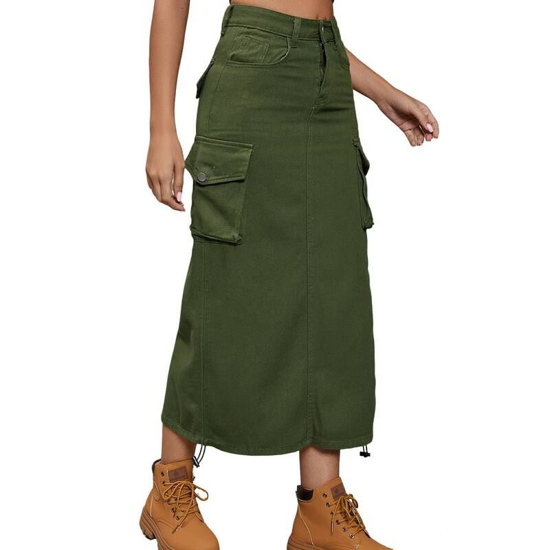 クリアフラワー レディース ボトムスカート ハイウエスト ギャザー ミディ ClearFlower Womens High Waist Adjustable Drawstring Ruched Sid