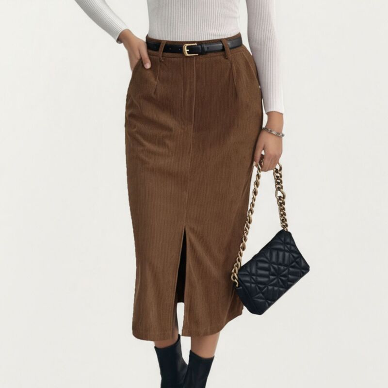 アンナカシ レディース ボトムスカート コーデュロイ フロントスリット リブ ミディ AnnaKaci Women s Corduroy Midi Skirt with Soft Ribbed Tex
