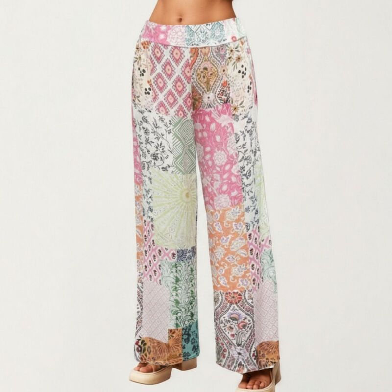 アンナカシ レディース ボトムス カジュアルパンツ ワイドレッグ ドレープリント パッチワーク AnnaKaci Womens Patchwork Print Wide Leg Pants with