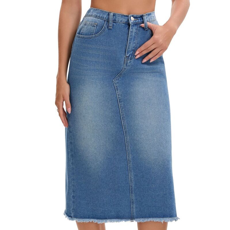 インスパイア シック レディース ボトムスカート デニム マキシ INSPIRE CHIC Womens Long Denim Skirt Elastic Waist Split Back Pocke