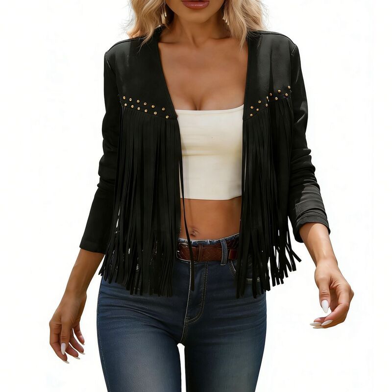 エリートスピリット レディース アウター ジャケット・ブルゾン スエード コート クロップド フリンジ EliteSpirit Womens Faux Suede Fringe Jacket West
