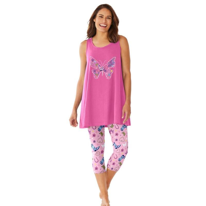 ドリームスアンドコー レディース アンダーウェア ナイトウェア プラスサイズ キャップ Dreams Co Plusize Scoopneck Tank Capri Legging PJ Set Pi