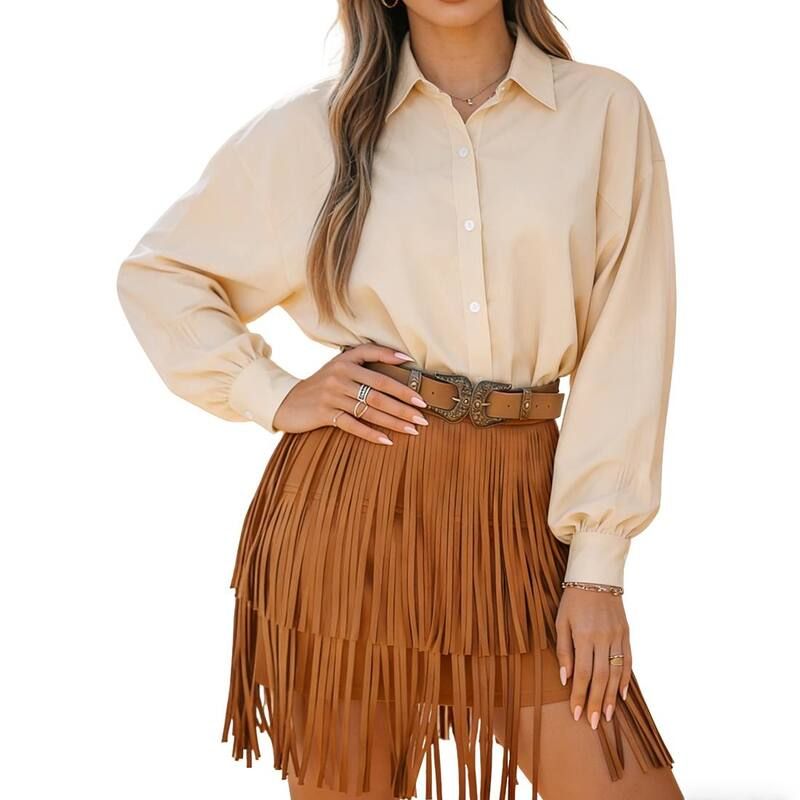エリートスピリット レディース ボトムスカート ハイウエスト ミニ フリンジ EliteSpirit Womens High Waist Mini Skirt Fringe Layered Flowy