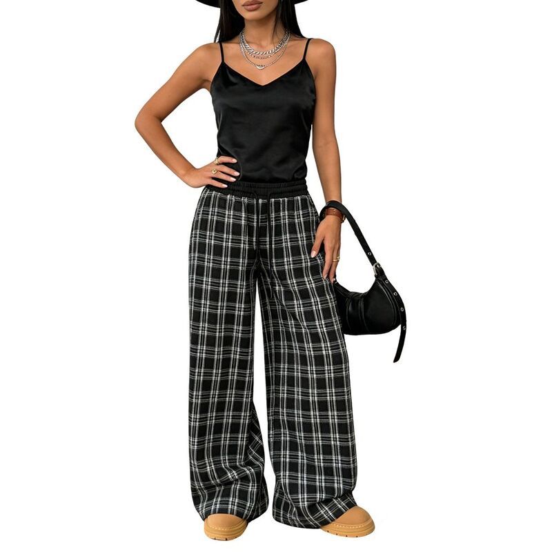 クリアフラワー レディース ボトムス カジュアルパンツ ワイドレッグ ハイウエスト ClearFlower Womens Plaid Wide Leg Pants Elastic High Waist