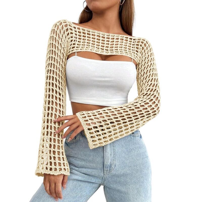 イエスファッション レディース アウター ニット・セーター クルーネックロップド Yesfashion Womens Crochet Shrug Crewneck Hollow Out Bolero