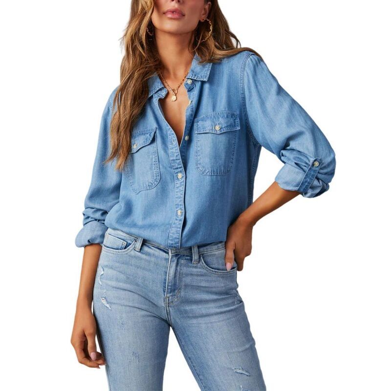 イエスファッション レディース アウター ジャケット・ブルゾン Vネック ボタンダウン シャツ ダウン デニム ブラウス Yesfashion Womens Casual Button Down De