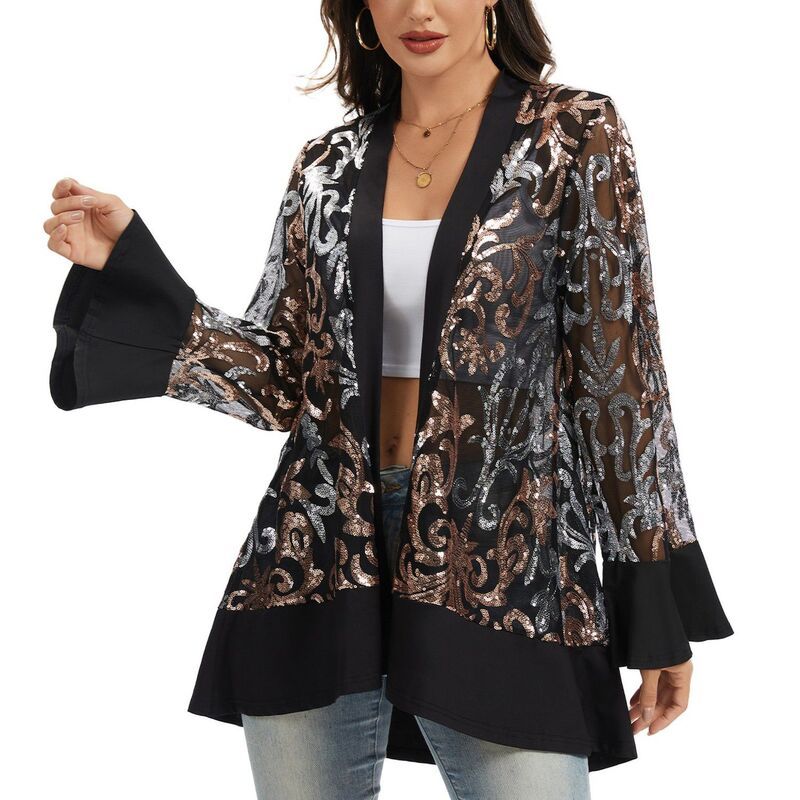 アンナカシ レディース アウター ニット・セーター メッシュ シアー スパンコール カーディガン AnnaKaci Women sequin Mesh Cardigan with Sheer Embe