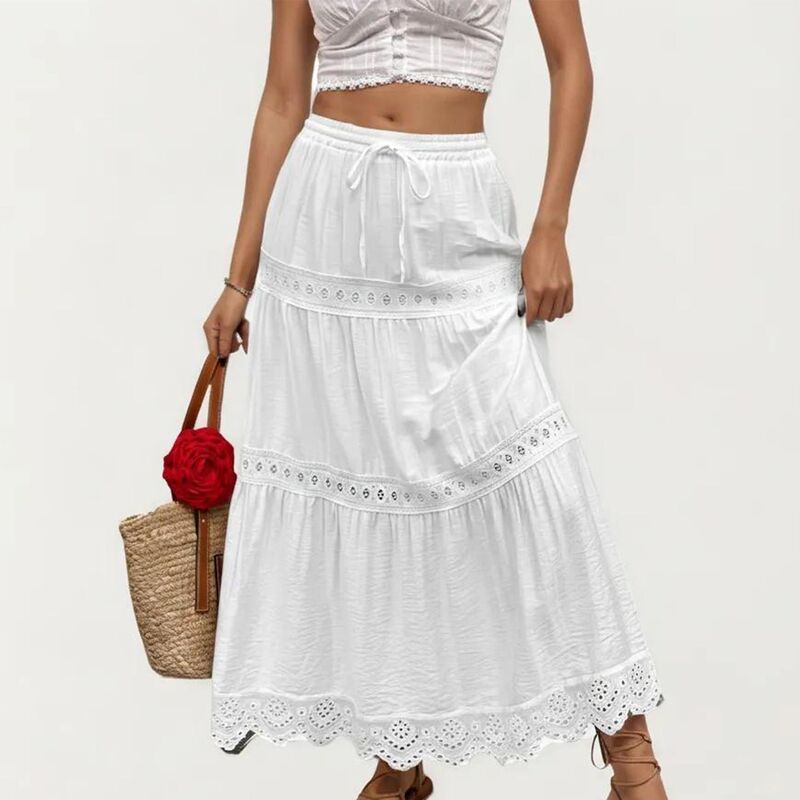 アンナカシ レディース ボトムスカート ティアード ハイウエスト ミディ AnnaKaci Womens High Waistiered Midi Skirt with Eyeletrim White