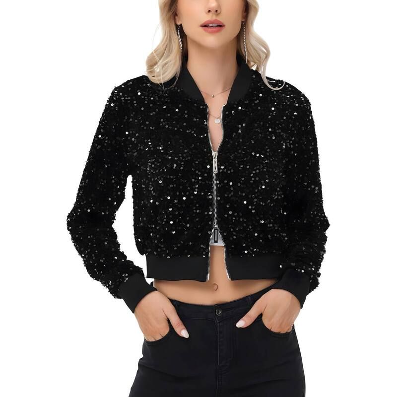 アンナカシ レディース アウター ジャケット・ブルゾン スパンコール クロップド AnnaKaci Womensequin Jacket Cropped TwoWayZipper Glitter Bo