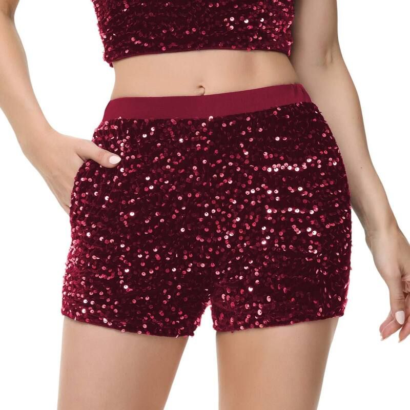 アンナカシ レディース ボトムス ハーフパンツ・ショーツ ストレート ショートパンツ スパンコール AnnaKaci Womensparkly Sequin Shorts Elastic Waist