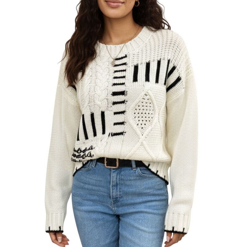 アンナカシ レディース アウター ニット・セーター パッチワーク コントラスト AnnaKaci Womens Textured Patchwork Cable Knit Sweater with L