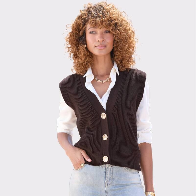 ラスカーナ レディース アウター ニット・セーター ベスト Lascana Womens Button Detail Sweater Vest Brown ブラウン