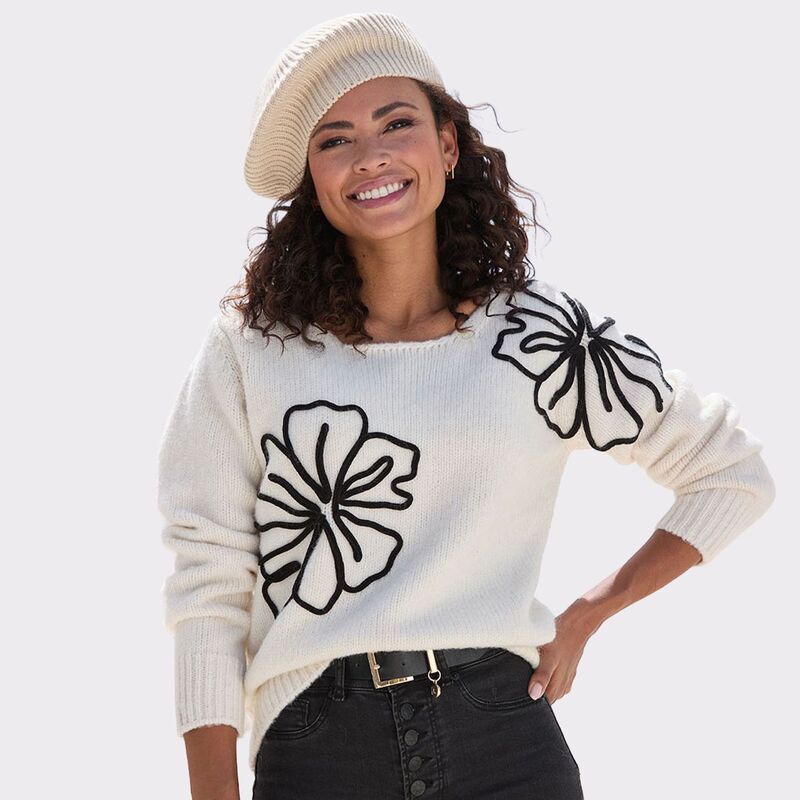 ラスカーナ レディース アウター ニット・セーター フラワー柄 フラワー Lascana Womens Floral Applique Sweater Ivory And Black アイボリー