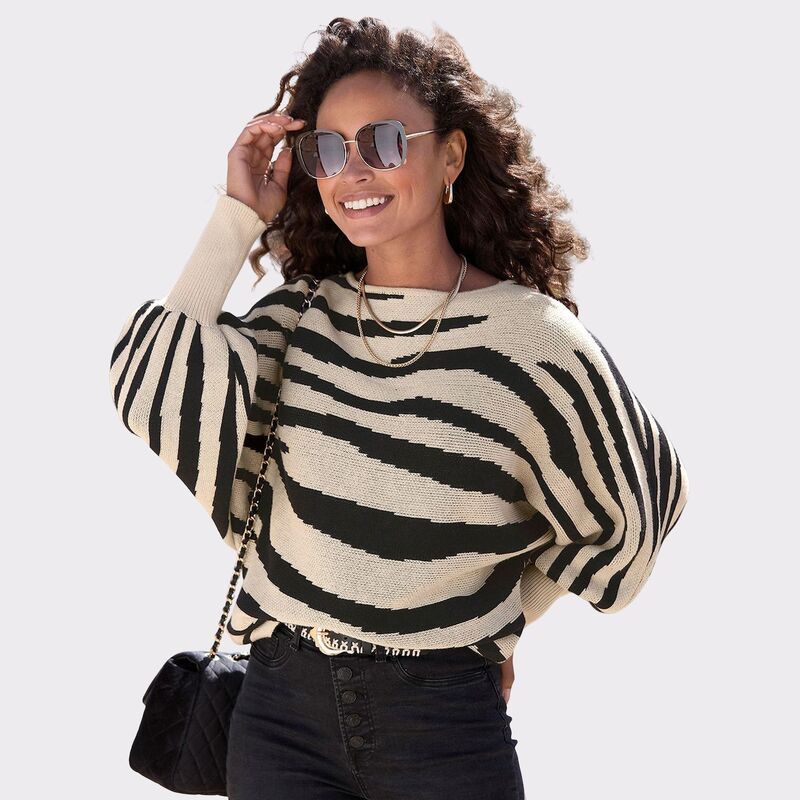 ラスカーナ レディース アウター ニット・セーター Lascana Womens Bishop Sleeve Zebra Sweater Beige And Black ブラック