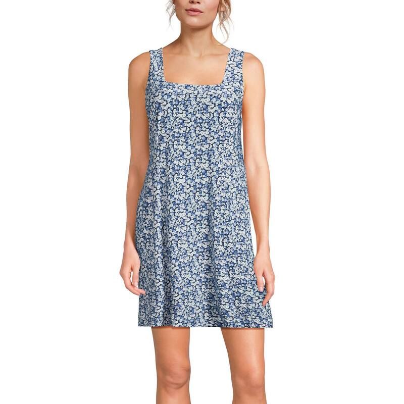 ランズエンド レディース ボトムスカート ミニ シルク ニット Womens Lands End Silky Knit Mini Shift Dress Navy Blue Floral ネイビー