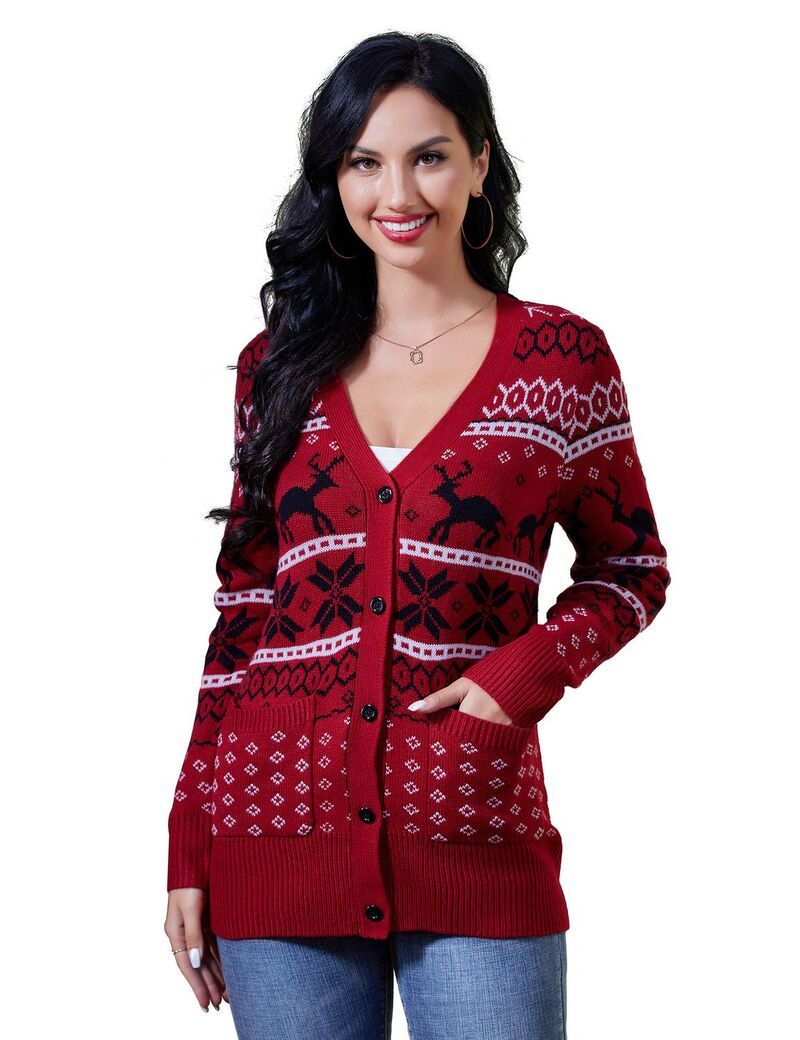 ファンジュライ レディース アウター ニット・セーター Vネック ボタンダウン カーディガン ダウン FUNJULY Womens Christmas Cardigan Long sleeve V N